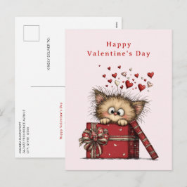 Cute Cartoon Kitten with Hearts Valentine's Day Feestdagenkaart