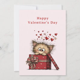 Cute Cartoon Kitten with Hearts Valentine's Feestdagenkaart