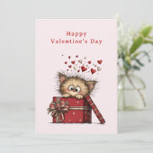 Cute Cartoon Kitten with Hearts Valentine's Feestdagenkaart (Staand voorkant)