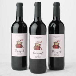Cute Cartoon Kitten with Hearts Wine Making Wijn Etiket