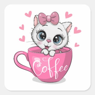 Cute cartoon kitten zit in een kop koffie vierkante sticker
