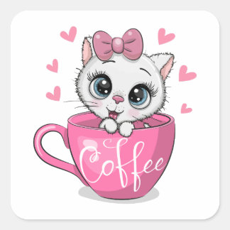 Cute cartoon kitten zit in een kop koffie vierkante sticker