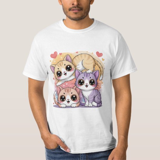 Cute Cartoon Kitty Trio with Hearts T-shirt (Voorkant)