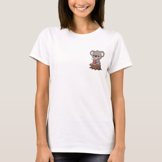 Cute Cartoon Koala with Steaming Thermos on Tree T-shirt (Voorkant)