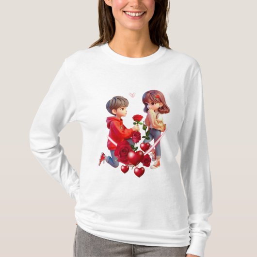 Cute Cartoon Koppel Romantisch T-Shirt Ontwerp (Voorkant)