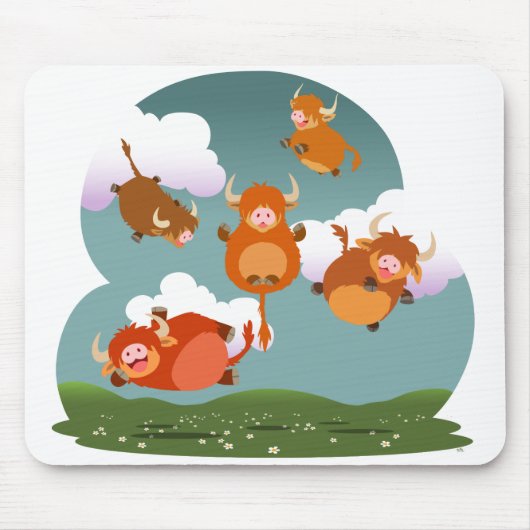 Cute Cartoon Levitating Highland Koeien Mousepad Muismat (Voorkant)