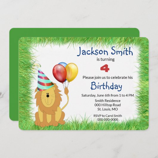 Cute Cartoon Lion Birthday Party for Boy Invitati Kaart (Voorkant / Achterkant)