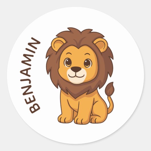 Cute Cartoon Lion Custom Name Ronde Sticker (Voorkant)