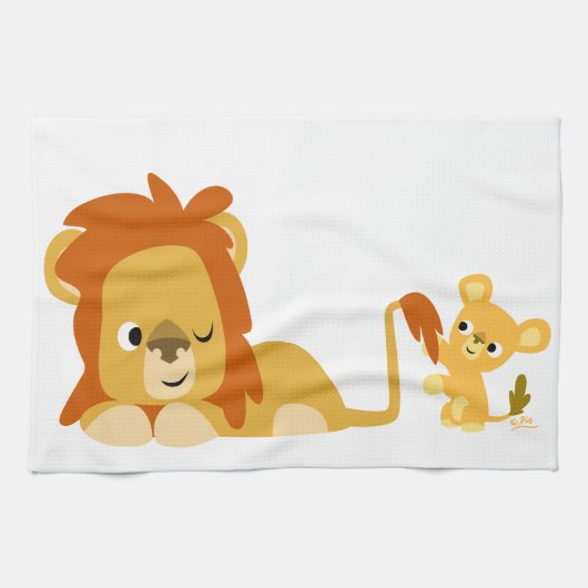 Cute Cartoon Lion Dad en Cub Kitchen Towel Theedoek (Horizontaal)