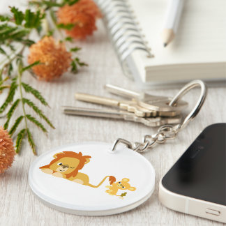 Cute Cartoon Lion Pap en Cub Sleutelhanger