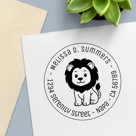 Cute Cartoon Lion Round Address Zelfinktende Stempel