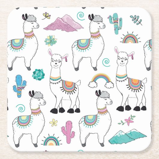 Cute Cartoon Llama Pattern Kartonnen Onderzetters (Voorkant)