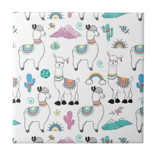 Cute Cartoon Llama Pattern Tegeltje (Voorkant)