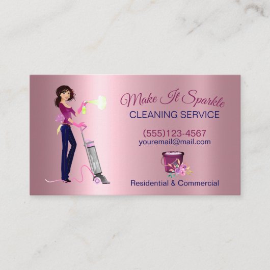 Cute Cartoon Maid Cleaning Service Roos Gold Visitekaartje (Voorkant)