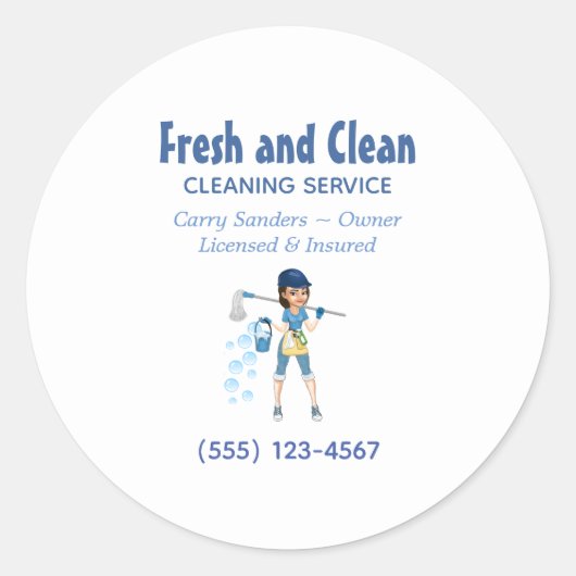 Cute Cartoon Maid House Cleaning Service Klassieke Ronde Sticker (Voorkant)