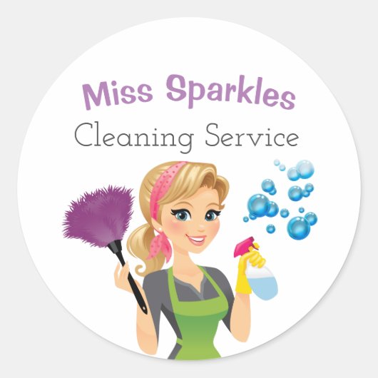 Cute Cartoon Maid House Cleaning Services Business Ronde Sticker (Voorkant)