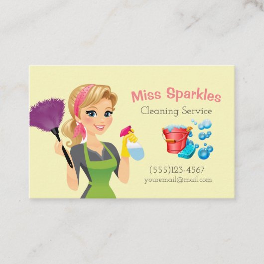 Cute Cartoon Maid House Cleaning Services Visitekaartje (Voorkant)