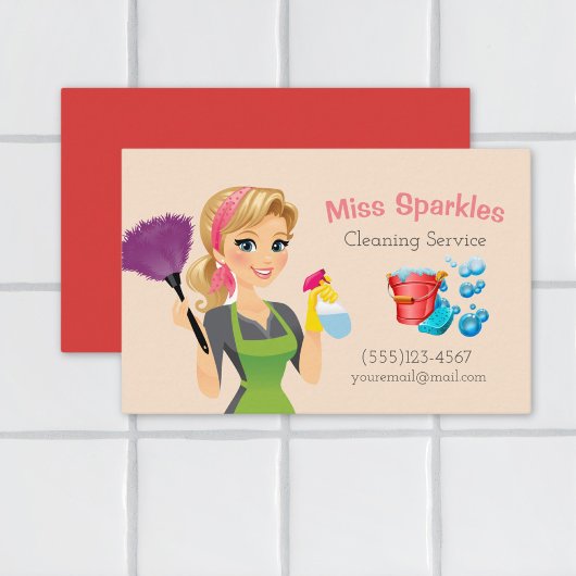 Cute Cartoon Maid House Cleaning Services Visitekaartje