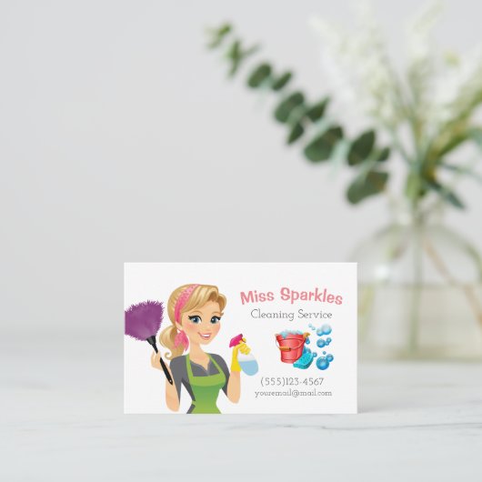Cute Cartoon Maid House Cleaning Services Visitekaartje (Staand voorkant)