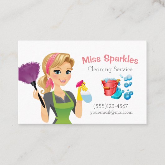 Cute Cartoon Maid House Cleaning Services Visitekaartje (Voorkant)