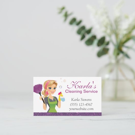 Cute Cartoon Maid Sparkle House Cleaning Services Visitekaartje (Staand voorkant)