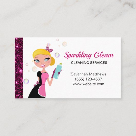 Cute Cartoon Maid Sparkle House Cleaning Services Visitekaartje (Voorkant)