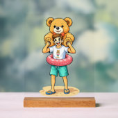 Cute Cartoon Man with Giant Teddy Bear Summer Fun Acryl Bord (Neutraal)
