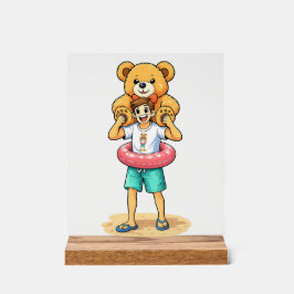 Cute Cartoon Man with Giant Teddy Bear Summer Fun Acryl Bord
