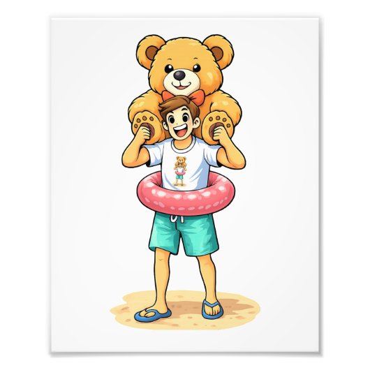 Cute Cartoon Man with Giant Teddy Bear Summer Fun Foto Afdruk (Voorkant)