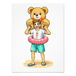 Cute Cartoon Man with Giant Teddy Bear Summer Fun Foto Afdruk