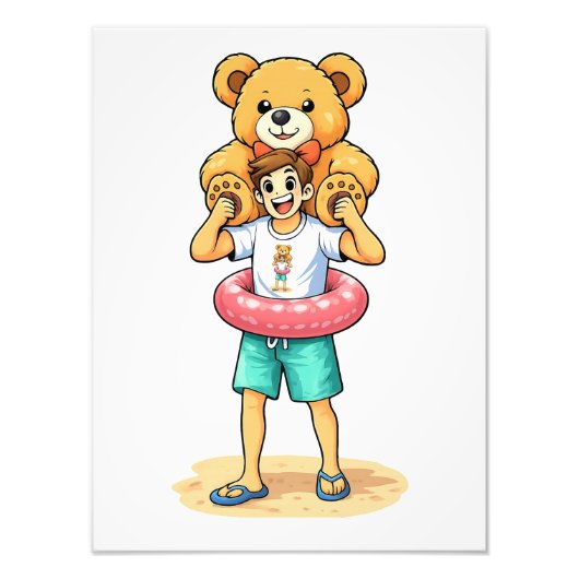 Cute Cartoon Man with Giant Teddy Bear Summer Fun Foto Afdruk (Voorkant)