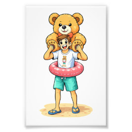 Cute Cartoon Man with Giant Teddy Bear Summer Fun Foto Afdruk