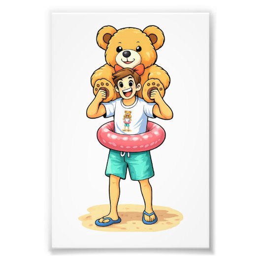 Cute Cartoon Man with Giant Teddy Bear Summer Fun Foto Afdruk (Voorkant)