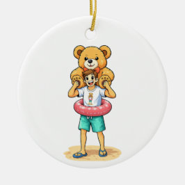 Cute Cartoon Man with Giant Teddy Bear Summer Fun Keramisch Ornament