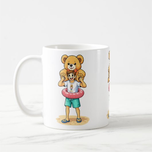Cute Cartoon Man with Giant Teddy Bear Summer Fun Koffiemok (Links)