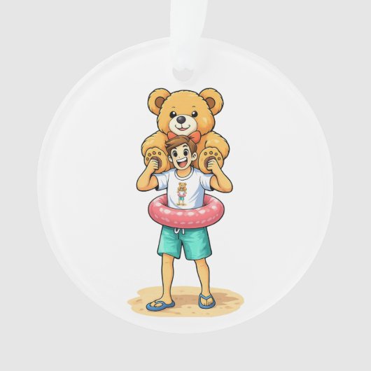 Cute Cartoon Man with Giant Teddy Bear Summer Fun Ornament (voorkant)