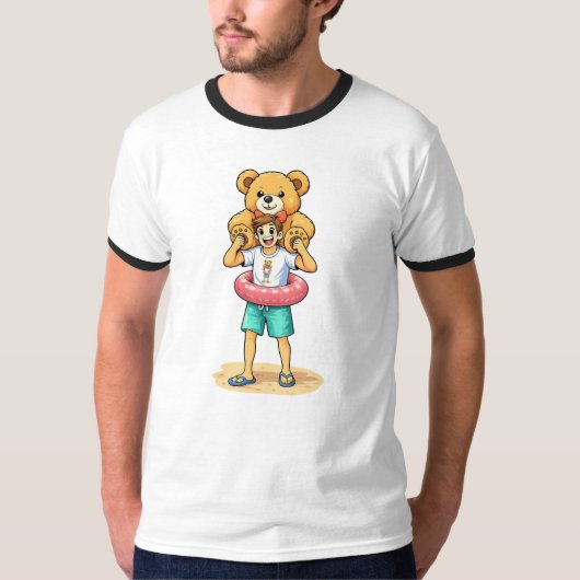 Cute Cartoon Man with Giant Teddy Bear Summer Fun T-shirt (Voorkant)