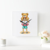 Cute Cartoon Man with Giant Teddy Bear Summer Fun Vierkante Klok (Huis)