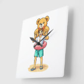 Cute Cartoon Man with Giant Teddy Bear Summer Fun Vierkante Klok (Hoek)