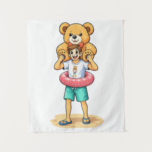 Cute Cartoon Man with Giant Teddy Bear Summer Fun Wandkleed (Voorkant)