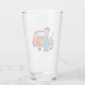 Cute Cartoon Mechanic with Red Car Illustration Glas (Achterkant)