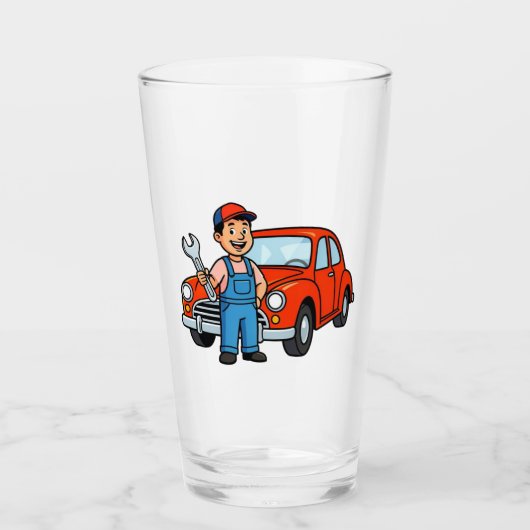 Cute Cartoon Mechanic with Red Car Illustration Glas (Voorkant)