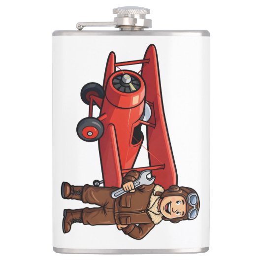 Cute Cartoon Mechanic with Red Car Illustration Heupfles (Voorkant)