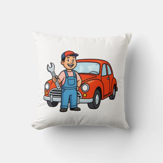 Cute Cartoon Mechanic with Red Car Illustration Kussen (Voorkant)