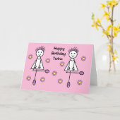 Cute Cartoon Meisjes Tweeling Roze Verjaardagskaar Kaart (Gele Bloem)