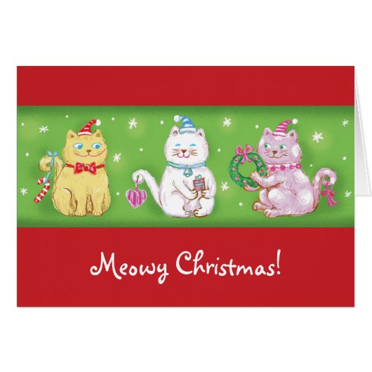 Cute Cartoon Meowy kerstkatten in Santa Hats (Voorkant Horizontaal)