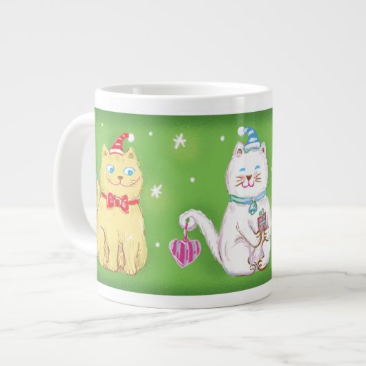 Cute Cartoon Meowy kerstkatten in Santa Hats Grote Koffiekop (Links)