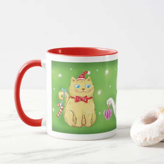 Cute Cartoon Meowy kerstkatten in Santa Hats Mok (Met donut)