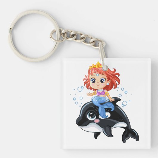 Cute cartoon mermaid en orca T-Shirt Sleutelhanger (voorkant)