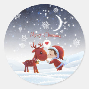 Cute Cartoon Merry KerstBoy Kisser Reindeer Ronde Sticker